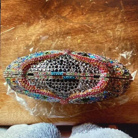 Bejeweled Owl Fancy Dinner Bag - Multi Colored Gemstone Owls Face - New Silk Box - Picture 8 of 12